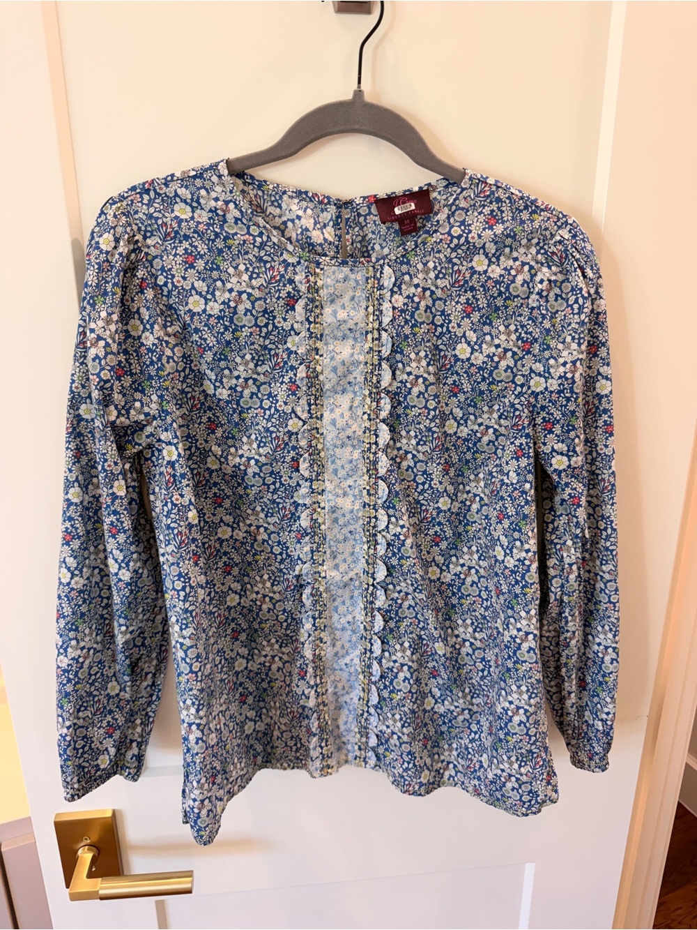 J. Crew Blue Floral Ruffled-Trim Long Sleeve Blouse